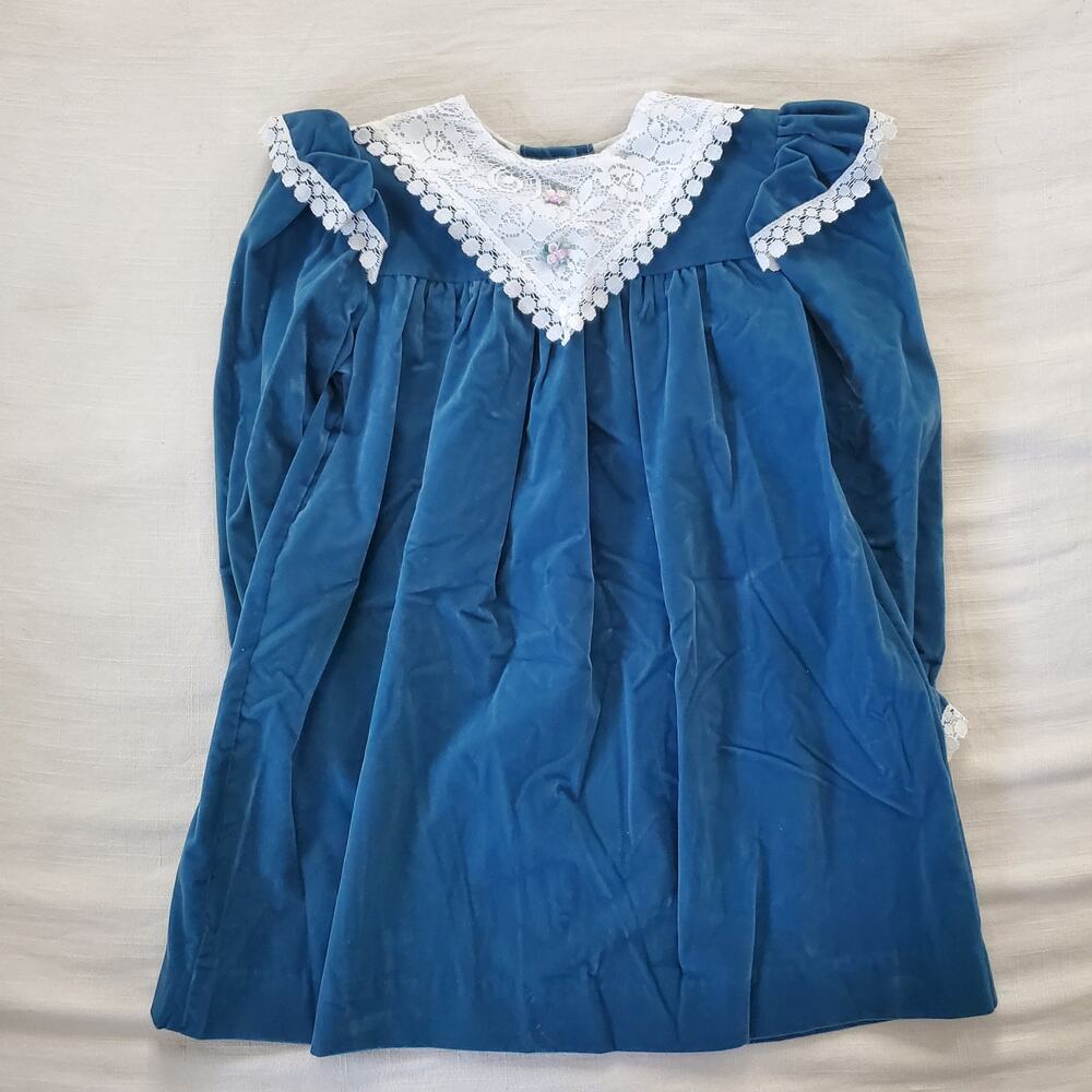 Vintage Blue Velour + Lace Long Sleeve Dress 4t/5t